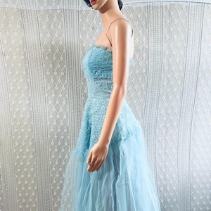 Vintage 1950s Blue Lace Tulle Cupcake Dress, 50s Prom Dress, Full Skirt Tea Length Gown with Original Scarf
