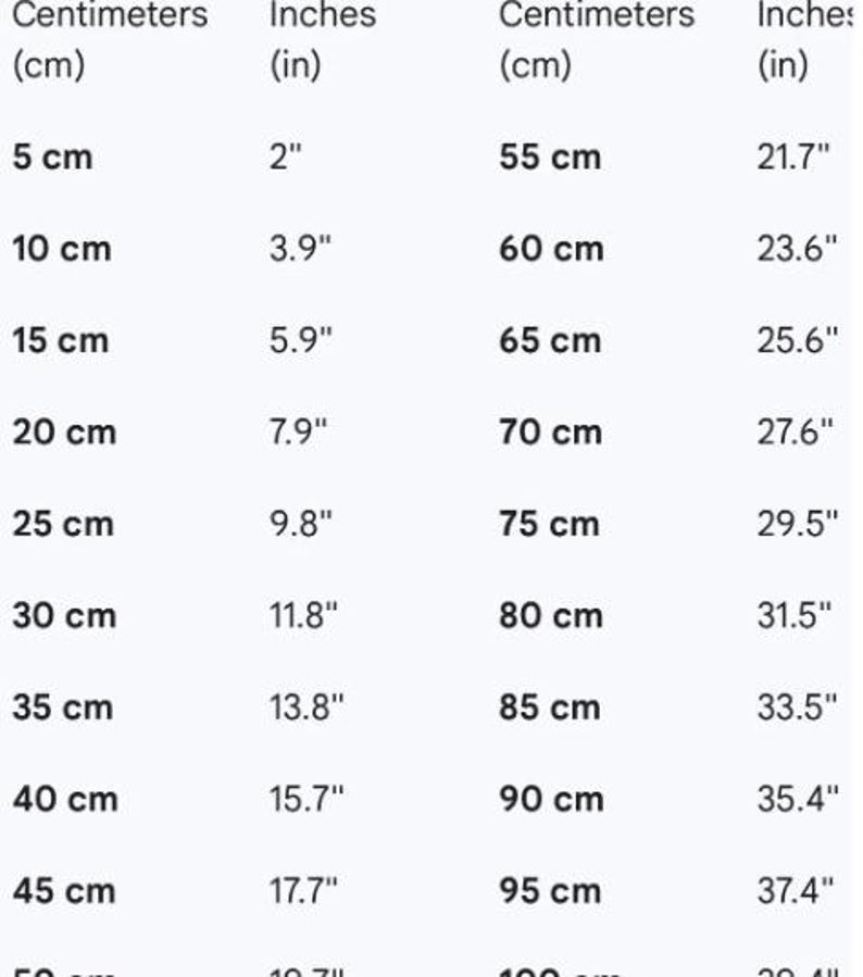 May include: A black text conversion chart on a white background listing measurements in centimeters and inches. The table displays values from 5 cm to 100 cm alongside their corresponding imperial equivalents, starting from 2 inches up to 39.4 inches.