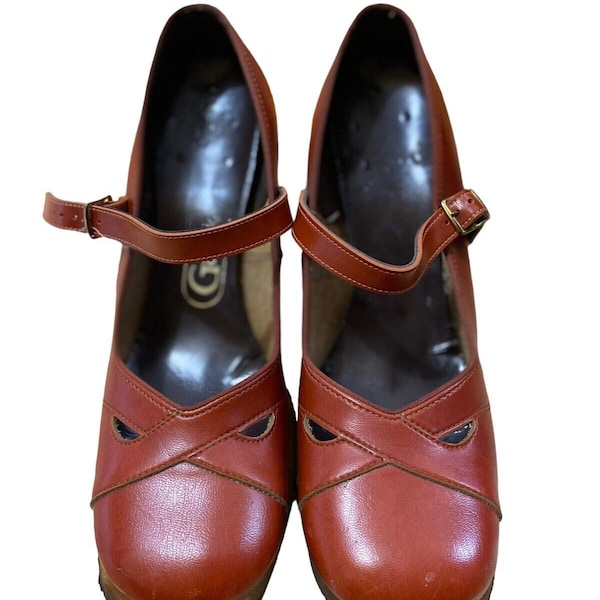 1970s Vintage Mary Jane Heels Size 7.5 Chunky Mod Shoes Square Toe Leather Heels Size 38 Euro Retro
