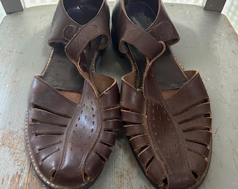 Vintage 1940s Sandals, Brown Leather Cutout Sandals,Vtg 40s Shoes,Ankle Strap Closed Toe Size 11