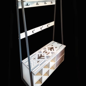 Shoe Storage Bench with Coat Rack Hallway Organiser Geometric Wood Mosaic Art image 2