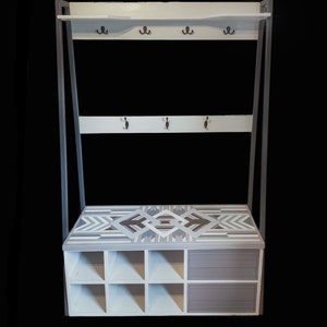 Shoe Storage Bench with Coat Rack Hallway Organiser Geometric Wood Mosaic Art image 4