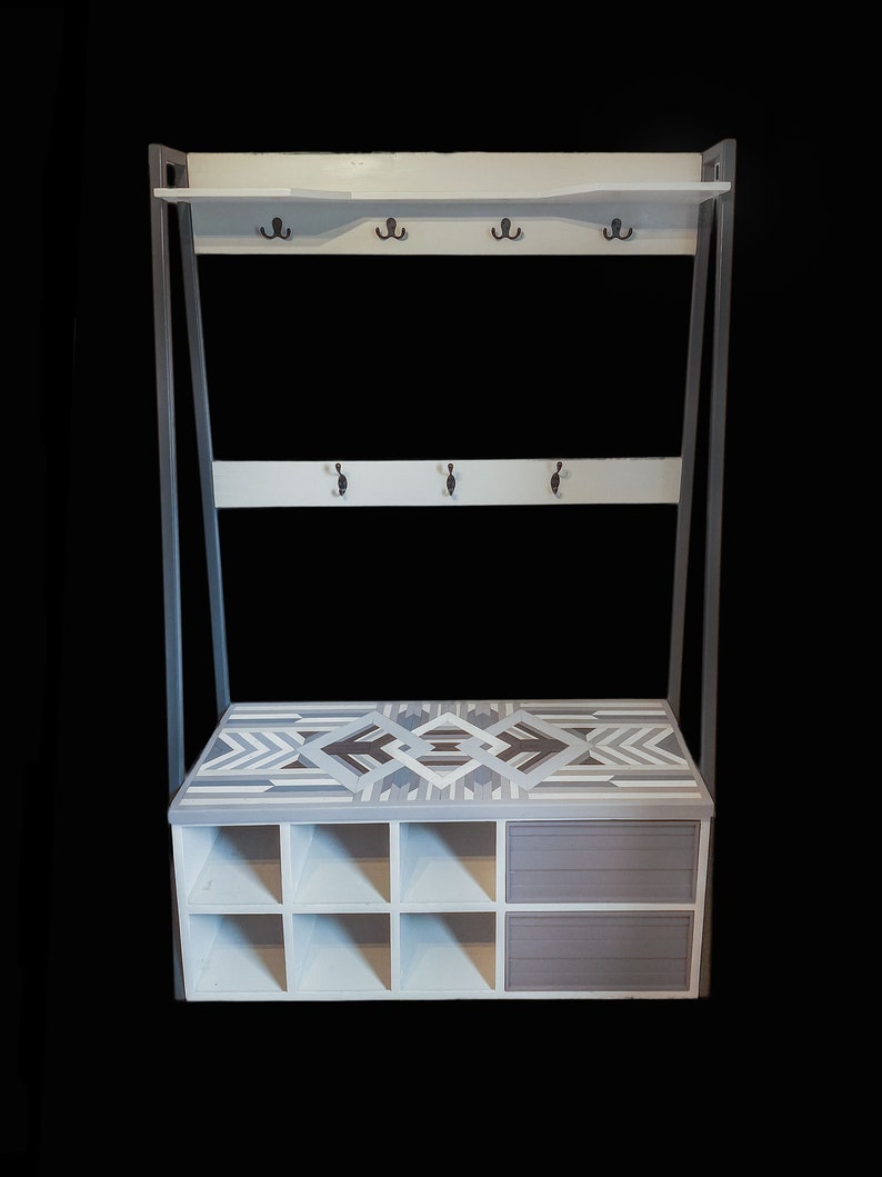 Shoe Storage Bench with Coat Rack Hallway Organiser Geometric Wood Mosaic Art image 4