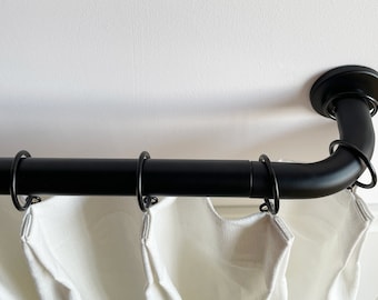 Zwarte douchegordijnstang, roestvrijstalen Franse retourstang met ringen
