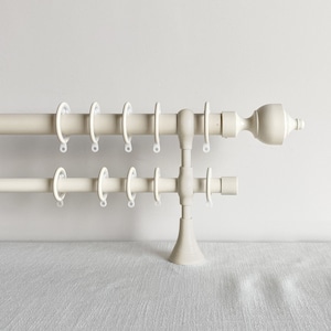 Puede incluir: Barra de cortina doble blanca con terminales y anillos. La barra está montada en una pared blanca y tiene una base blanca.