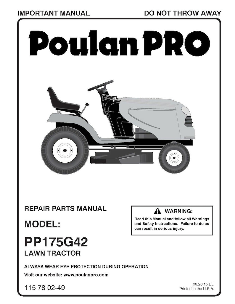 2015 175 Lawn Tractor Service Parts Manual Poulan PRO PP175G42 - Etsy
