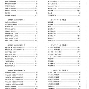 May include: A detailed table of contents in English and Japanese, listing machinery components. Categories include Lower, Upper Machinery 1, 2, and 3, with subcategories like 'Crawler Belt' and 'Electrical'.