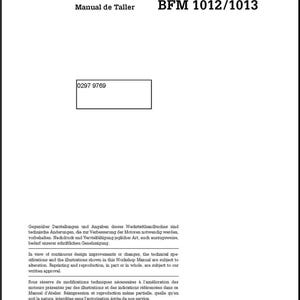 Op de afbeelding: Zwart-wit document met de titel "Werkstatthandbuch" in het Duits, "Workshop Manual" in het Engels, "Manuel d'Atelier" in het Frans en "Manual de Taller" in het Spaans. Het document bevat ook de tekst "BFM 1012/1013" en "0297 9769".