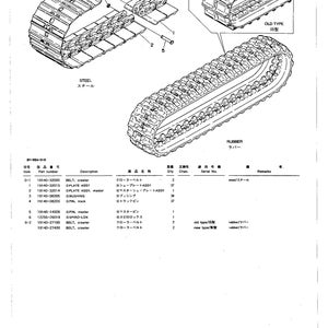 May include: Diagram of crawler belts and related parts, including steel and rubber tracks. The image includes exploded views and labels in Japanese and English, detailing components like plates, pins, and bushings.