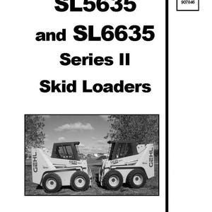 以下が含まれることがあります： SL5635 および SL6635 シリーズ II スキッドローダーのサービスマニュアルの白黒画像。表紙には2台のスキッドローダーと「Service Manual」の文字が写っています。フォーム番号は907846です。