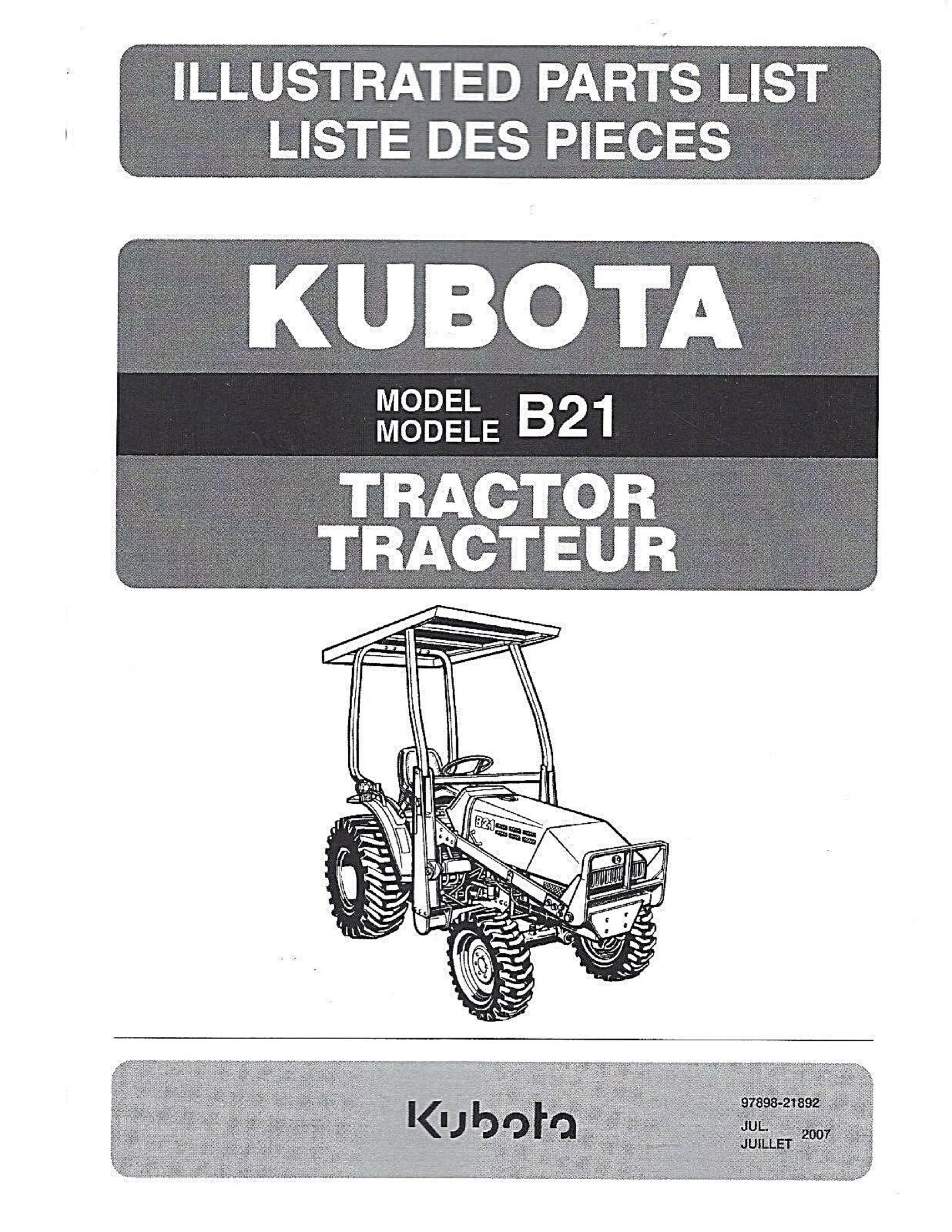 B21 Tractor Illustrated Parts Manual Kubota 9789821892 Etsy