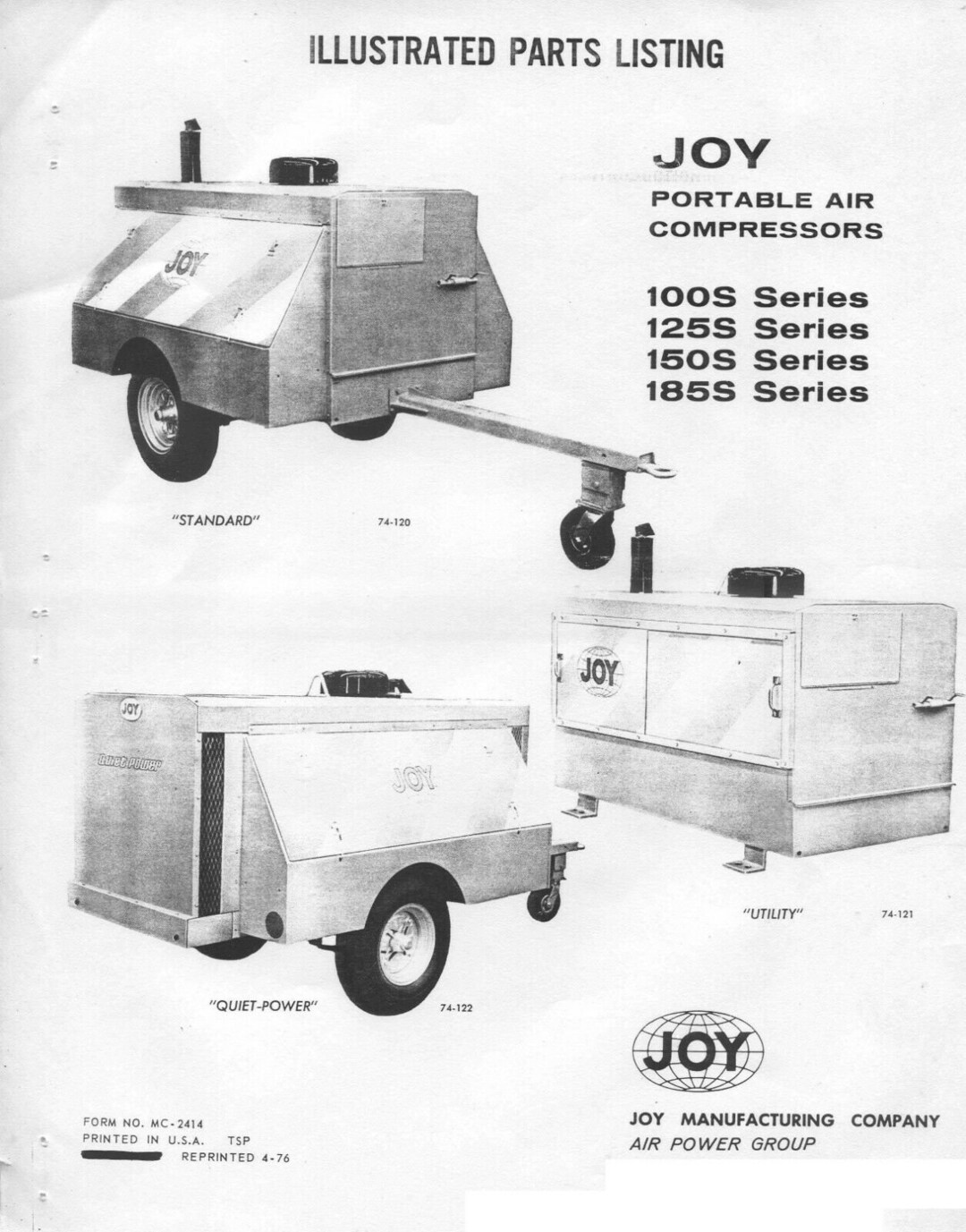 Parts Manual Joy Portable Air Compressors Series 100S 125S 150S 185S