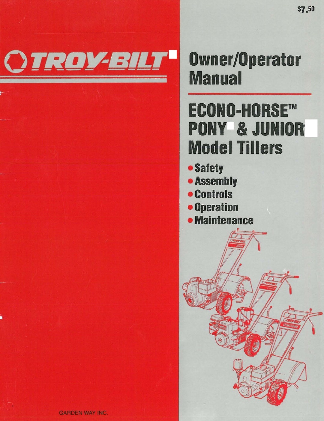 Tiller Junior Pony Econohorse Operator Instruct Maintenance Manual