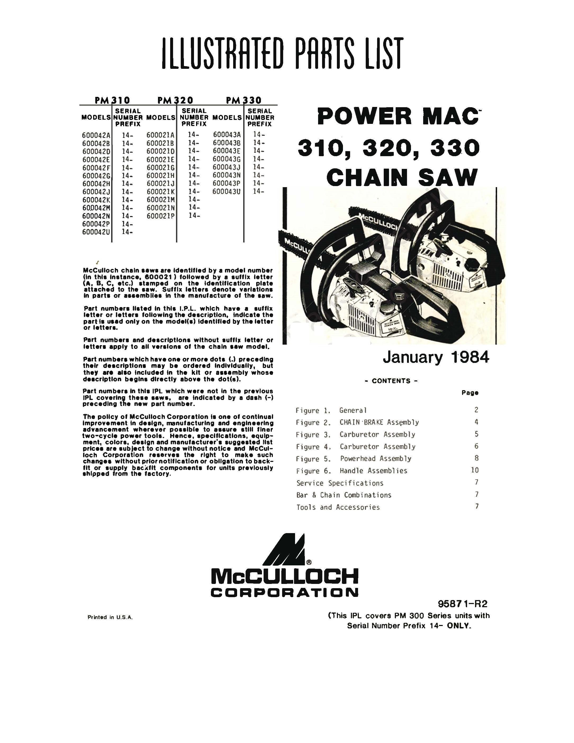 1982 Chainsaw Illustrated Parts List Manual Fits Mcculloch PM 310 320 1982-chainsaw-illustrated-parts-list-manual-fits-mcculloch-pm-310-320