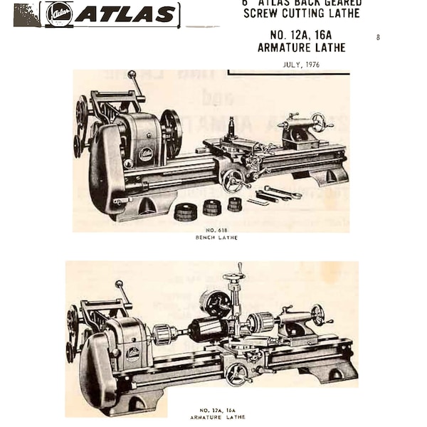 618 Back Geared Screw Cutting Lathe Operator & Parts Manual Fits Atlas 6 inch No. 618