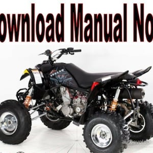 Puede incluir: Un ATV negro y amarillo con un gráfico de calavera en el lateral. El ATV tiene cuatro ruedas y un asiento negro. El ATV está sobre un fondo blanco.