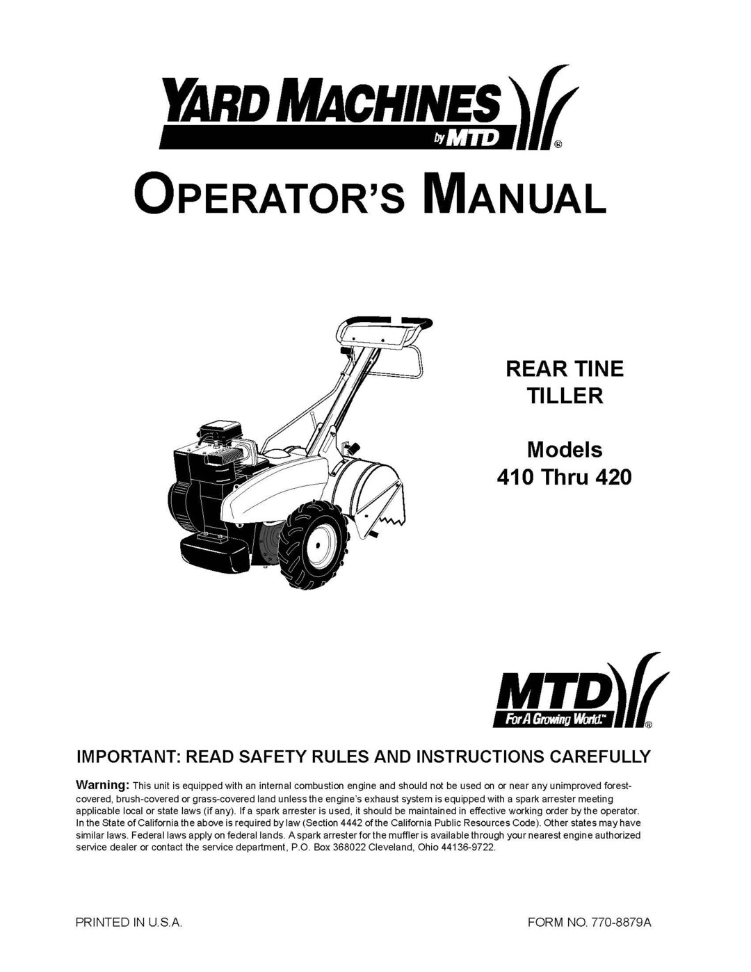 410 420 Rear Tine Tiller Operator s Maint Manual Fits Yard