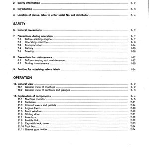 May include: A black and white table of contents for a manual or instruction booklet. The table of contents lists the sections of the manual, including "Foreword", "Safety Information", "Introduction", "Location of Plates", "General Precautions", "Precautions During Operation", "Precautions for Maintenance", "Position for Attaching Safety Labels", "General View", and "Explanation of Components".