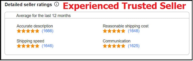 May include: A screenshot of an online seller's rating page. The seller is described as "Experienced Trusted Seller". The seller has an average rating of 5 stars across four categories: Accurate description, Reasonable shipping cost, Shipping speed, and Communication. Each category has a rating of 5 stars and a number of reviews in parentheses.