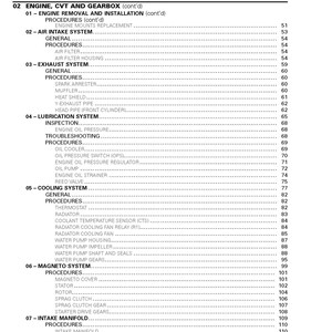 May include: Table of contents for a vehicle repair manual. The table lists the different sections of the manual, including engine, CVT and gearbox, air intake system, exhaust system, lubrication system, cooling system, magneto system, intake manifold, and top end.