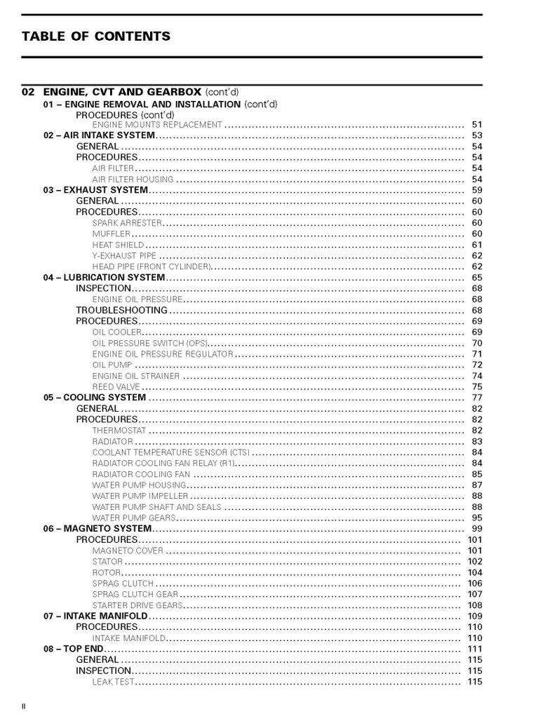 May include: Table of contents for a vehicle repair manual. The table lists the different sections of the manual, including engine, CVT and gearbox, air intake system, exhaust system, lubrication system, cooling system, magneto system, intake manifold, and top end.