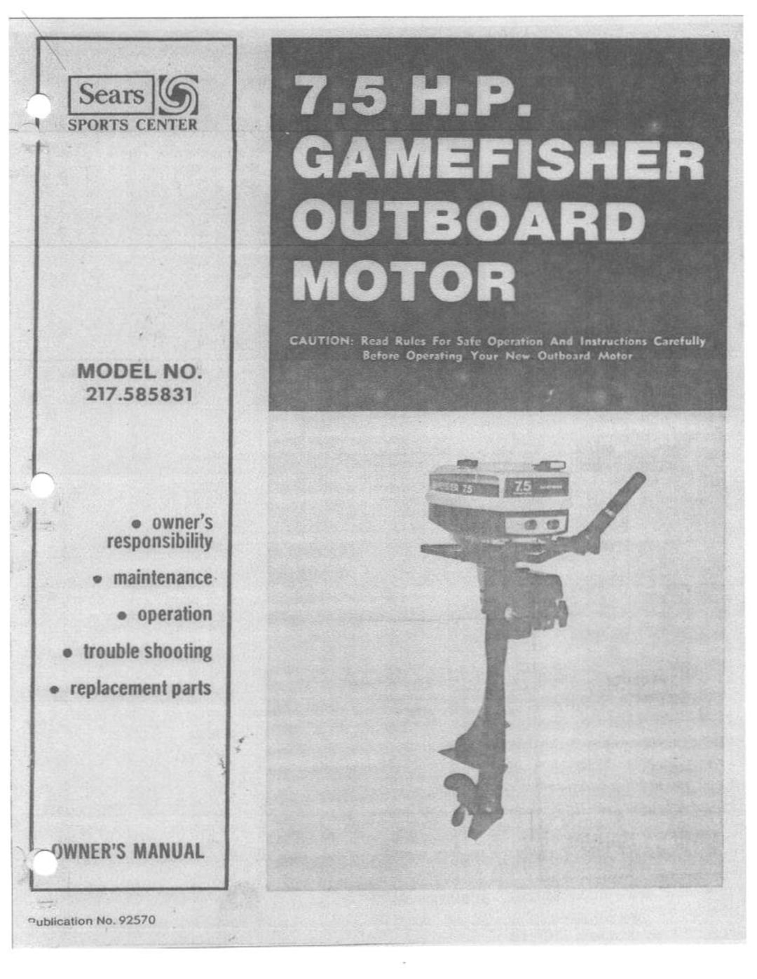 Owners Maint Instruction Manual Sears 7.5 Gamefisher Outboard Motor 217