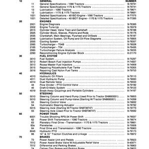 Puede incluir: Tabla de contenidos para los tractores 1090, 1170 y 1175. La tabla enumera la serie, la sección, la descripción y el número de formulario para cada componente del tractor. La tabla incluye secciones para especificaciones generales, motores, sistema de combustible, hidráulica, dirección, tren de potencia y frenos.