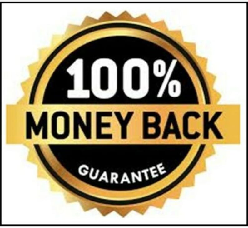 May include: A gold starburst seal with a black center. The text "100% MONEY BACK GUARANTEE" is printed in white on the black center.