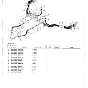 May include: An exploded diagram of a hydraulic piping system, labeled "PIPING; LOWER". The image shows various components including hoses, elbows, adaptors, and pipes, with a detailed parts list in Japanese and English.