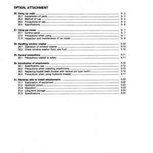 May include: A black and white document with the title "OPTION, ATTACHMENT" and a list of numbered items with page numbers. The document appears to be a manual or instruction guide for a product.