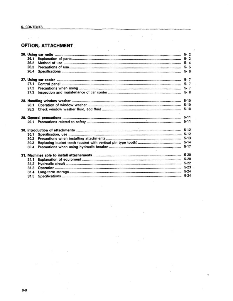 May include: A black and white document with the title "OPTION, ATTACHMENT" and a list of numbered items with page numbers. The document appears to be a manual or instruction guide for a product.