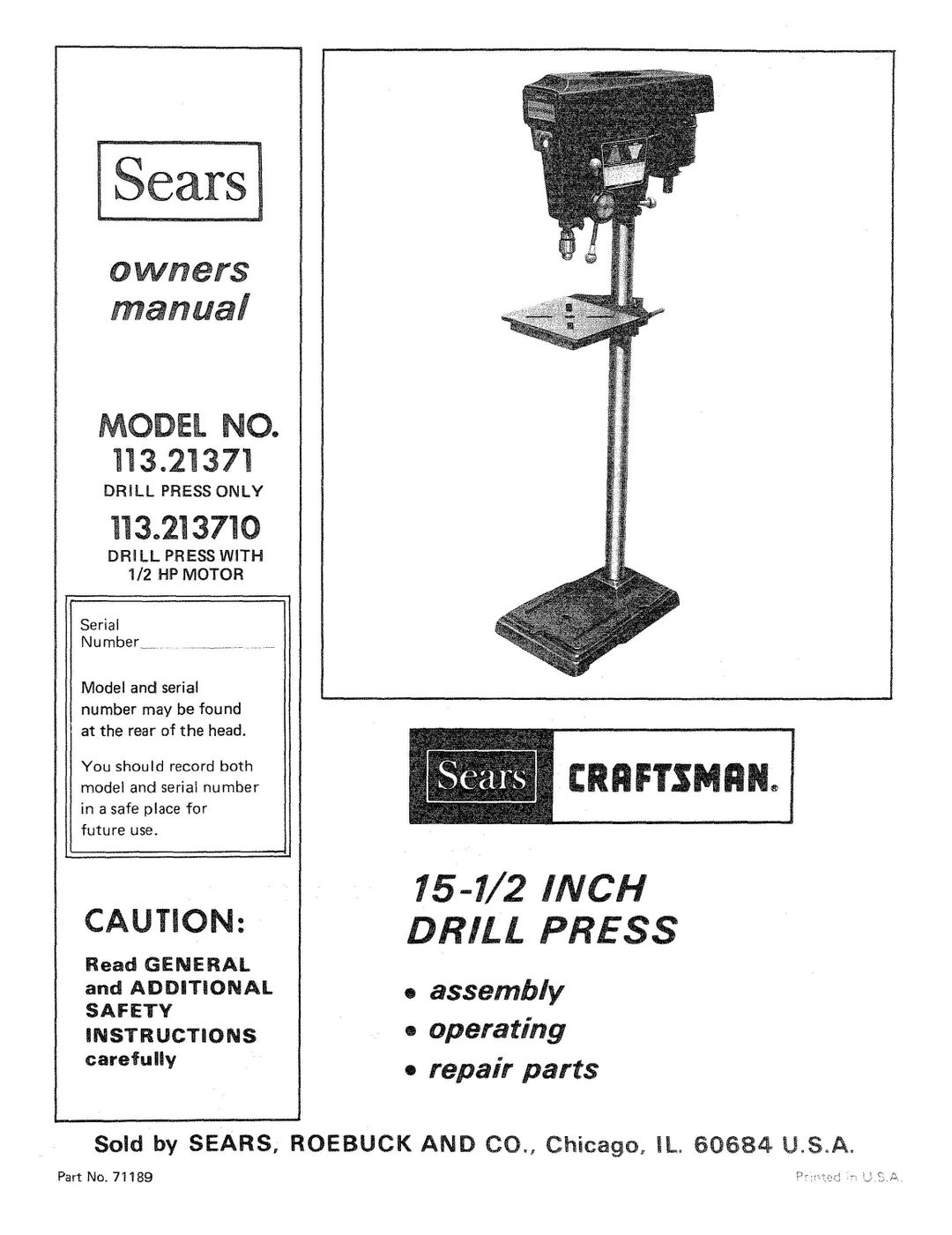 Drill Press Operator Manual Fits Craftsman 15 12 Inch 113.21371 & 113.
