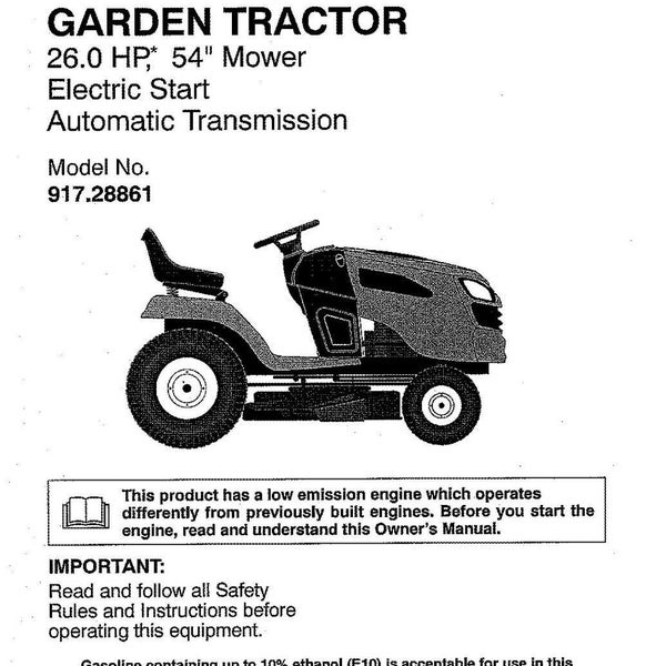 Tractor Operator Manual Craftsman 917-28861 26HP 54” Mower E-Start Automatic