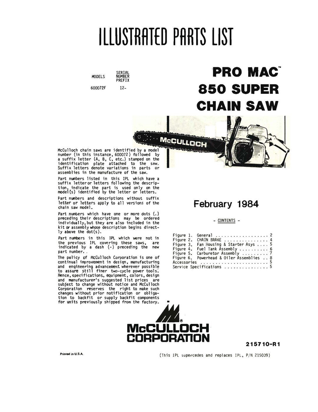 850 Pro Mac Chainsaw Illustrated Parts List Manual Fits Mcculloch Super