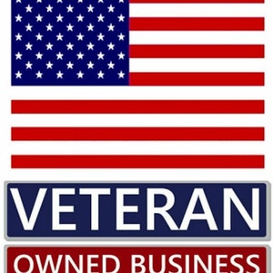 May include: A red, white, and blue American flag with 50 white stars on a blue field. Below the flag is a blue banner with the word "VETERAN" in white letters. Below the blue banner is a red banner with the words "OWNED BUSINESS" in white letters.