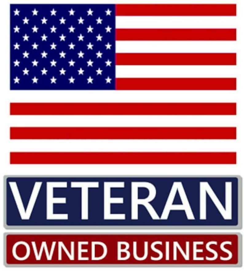 May include: A red, white, and blue American flag with 50 white stars on a blue field. Below the flag is a blue banner with the word "VETERAN" in white letters. Below the blue banner is a red banner with the words "OWNED BUSINESS" in white letters.