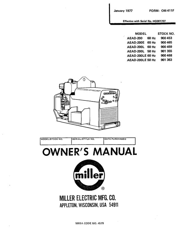Owner & Parts Manual Miller AEAD-200 200E 200L 200LE Welder - Etsy