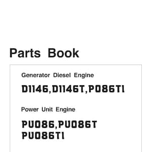 Puede incluir: Un libro de piezas blanco con texto negro. El título "Parts Book" está en la parte superior. Debajo, enumera "Generator Diesel Engine" con los números de modelo D1146, D1146T y P086TI. También enumera "Power Unit Engine" con los números de modelo PU086, PU086T y PU086TI.