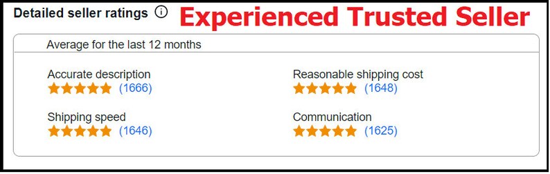 May include: A screenshot of an online seller's rating page. The seller is described as "Experienced Trusted Seller". The seller has an average rating of 5 stars across four categories: Accurate description, Reasonable shipping cost, Shipping speed, and Communication. Each category has a rating of 5 stars and a number of reviews in parentheses.