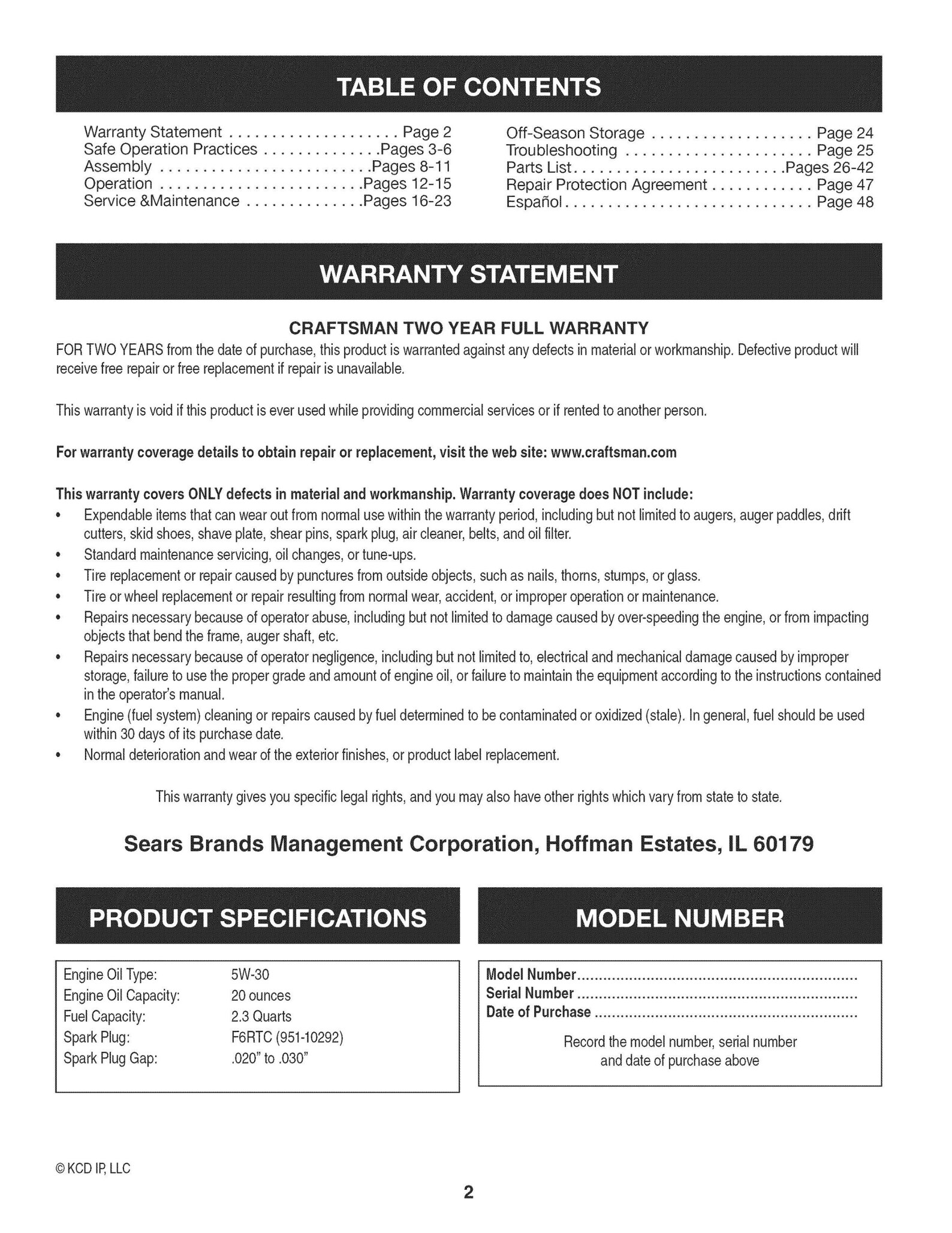 Snow Thrower Owners Operator Maintenance Manual Craftsman 24 Inch 247.