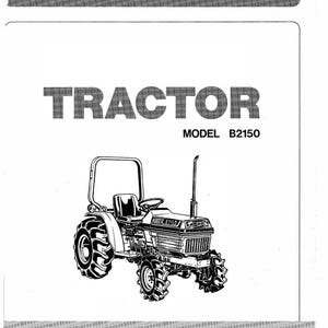 Puede incluir: Dibujo en blanco y negro de un tractor con el texto "TRACTOR MODEL B2150" y "READ AND SAVE THIS BOOK" en la página.