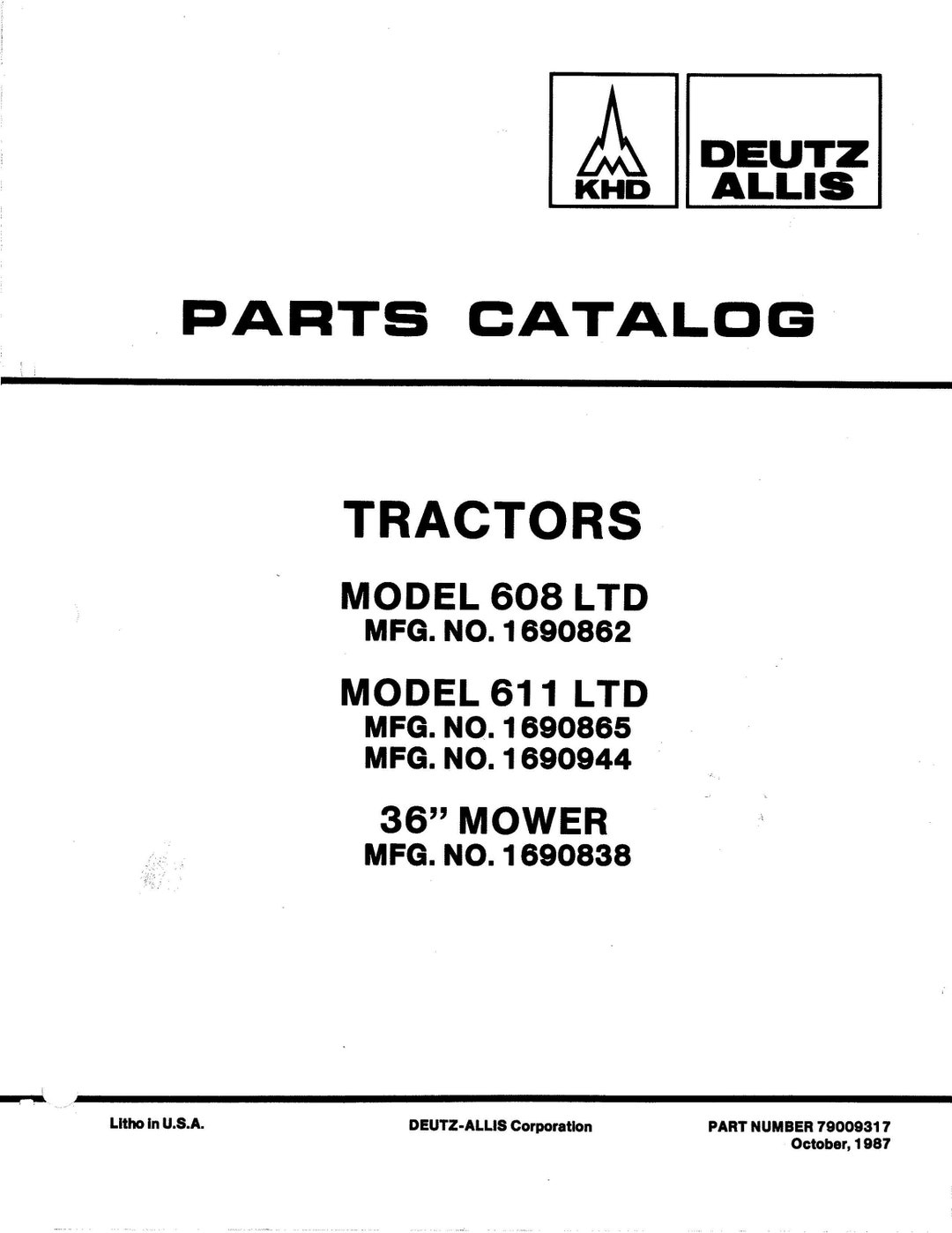 1987 Tractor Service Parts Manual Model 608 611 LTD & 36-inch - Etsy