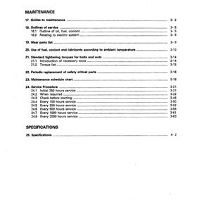 May include: A black and white maintenance manual with a table of contents listing maintenance procedures and specifications for a piece of equipment. The table of contents includes sections on guides to maintenance, outlines of service, wear parts list, standard tightening torques, periodic replacement of safety critical parts, maintenance schedule chart, service procedure, and specifications.