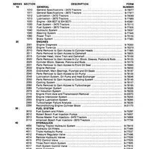 Op de afbeelding: Een zwart-witte inhoudsopgave voor 2470 en 2670 tractoren. De tabel bevat secties voor algemene informatie, motoren, brandstofsysteem, hydrauliek en meer. Elke sectie heeft een overeenkomstig formuliernummer.