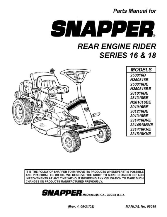 Engine Repair Parts Manual Snapper Rear Engine Series 16 18 Etsy