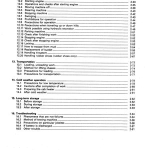 May include: A black and white printed page with a table of contents for an instruction manual. The table of contents lists sections for operation, transportation, cold weather operation, long-term storage, and troubleshooting.
