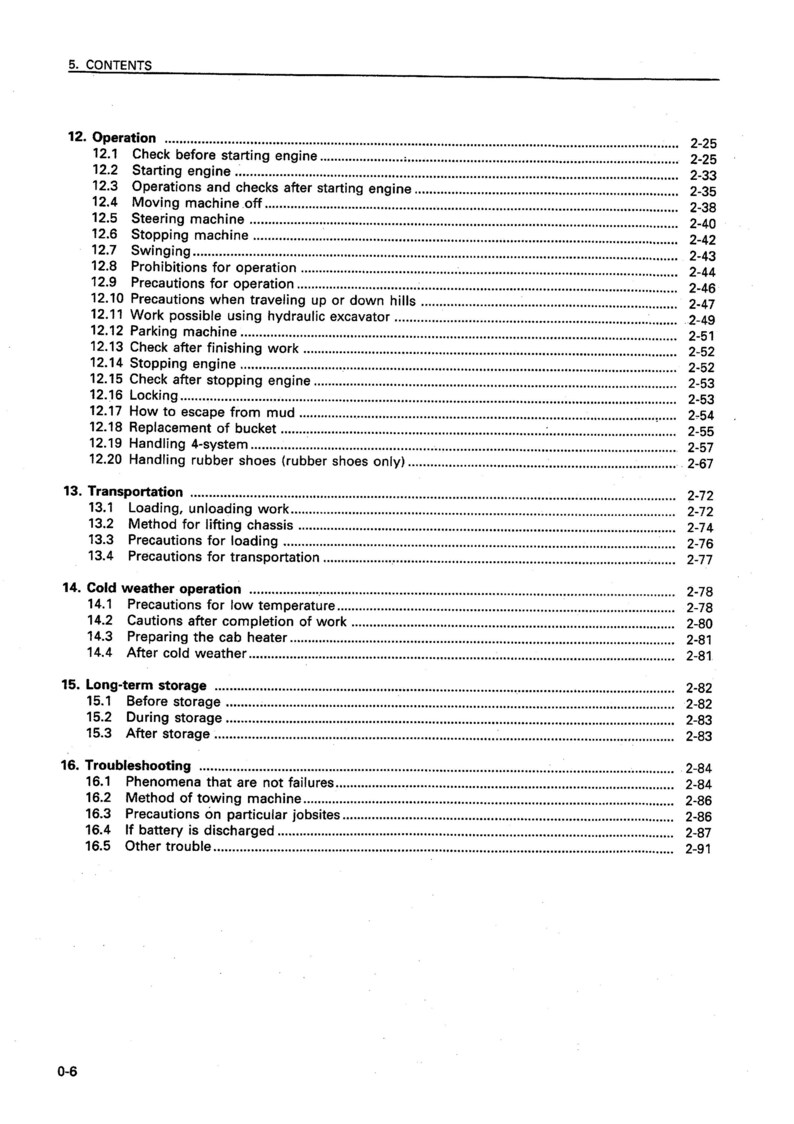 May include: A black and white printed page with a table of contents for an instruction manual. The table of contents lists sections for operation, transportation, cold weather operation, long-term storage, and troubleshooting.