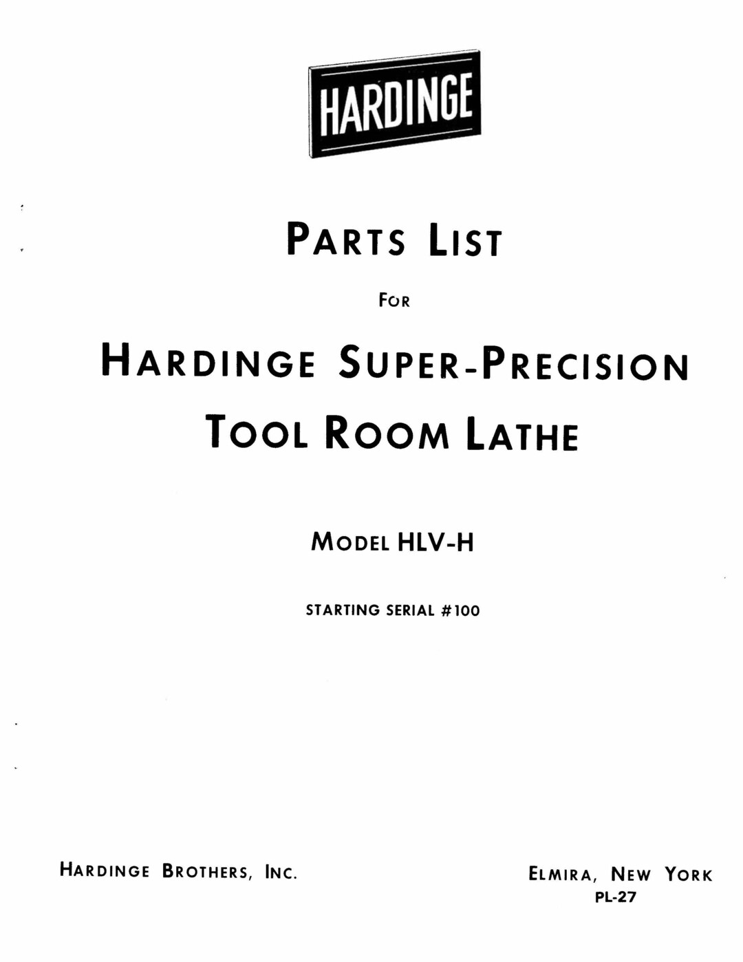 Super Precision Tool Room Lathe Parts Manual Fits Hardinge HLVH