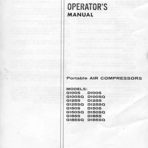 May include: Black and white printed page with the title "Operator's Manual" for portable air compressors. The page lists model numbers for the compressors, including G100S, G100SQ, G125S, G125SQ, G150S, G150SQ, G185S, and G185SQ.