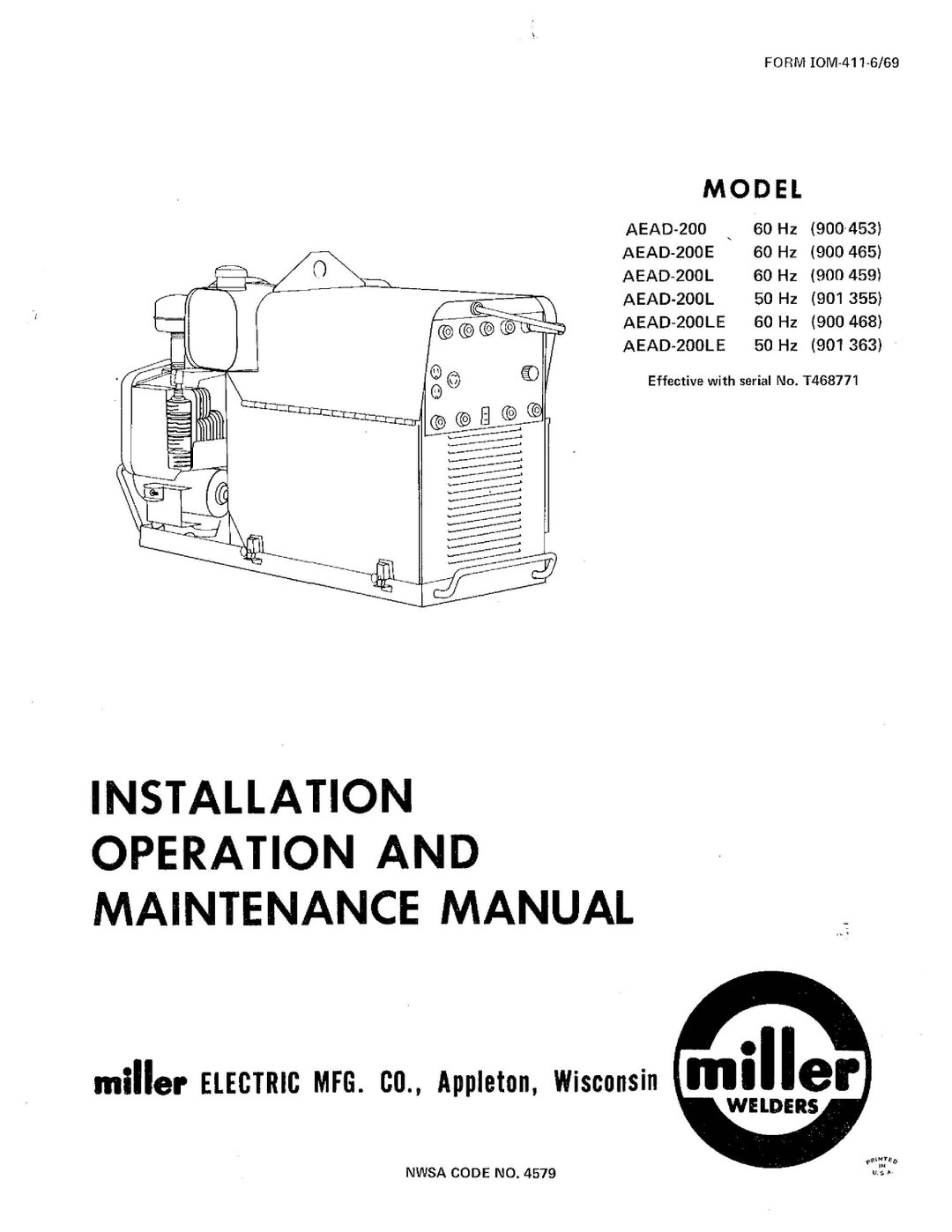 Owner & Parts Manual Miller AEAD200 200E 200L 200LE Welder R468771 Etsy
